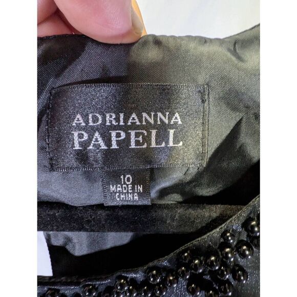 Adrianna Papell Black Tiered Sheath Dress Ruffle Shutter Pleat Satin Women's 10 - Picture 3 of 6